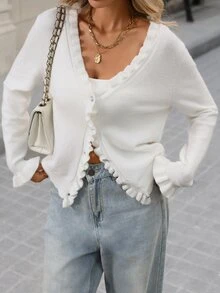 Brillora Cardigan Putih Berkerut dengan Kancing dan Leher V untuk Acara Brunch, Belanja Akhir Pekan, Hiasan Berkerut, Perjalanan Sehari-hari, Sweater Musim Gugur dan Musim Dingin, Gaya Pedesaan, Halloween - Putih - View 8