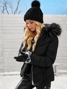 Teen Girl Teen Girls Winter Coats Black Regular Basic Style Versatile Stand-Up - Black - View 3
