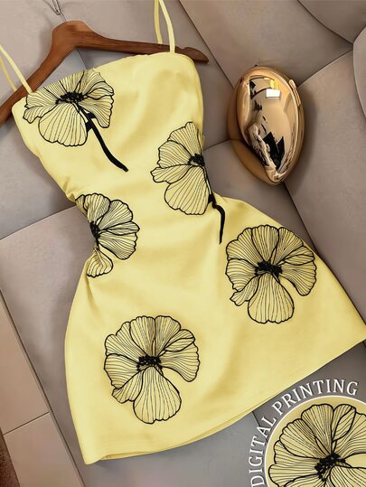 Resyla Women's Floral Print Sleeveless Summer Fashion Dress Bar Party Date Butter Yellow Elegant