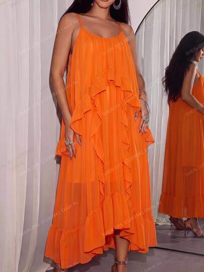 Orbivine Women's Plus Size Wavy Hem Cami Sleeveless Orange Dress