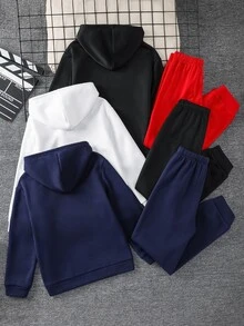 SHEIN 6件組 青少年男孩休閒運動百搭酷炫遊戲機圖案連帽套頭衛衣長袖上衣與運動長褲2件套 多件裝 適合通勤、上學、日常休閒、外出、運動，秋冬穿著 - 彩色 - 查看 4