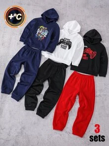 SHEIN 6件組 青少年男孩休閒運動百搭酷炫遊戲機圖案連帽套頭衛衣長袖上衣與運動長褲2件套 多件裝 適合通勤、上學、日常休閒、外出、運動，秋冬穿著 - 彩色 - 查看 3