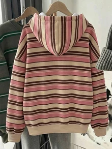 SHEIN EZwear 休閒簡約條紋印花女款長袖運動衫 米色 秋季 校園風 - 彩色 - 查看 2