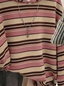 SHEIN EZwear 休閒簡約條紋印花女款長袖運動衫 米色 秋季 校園風 - 彩色 - 查看 3