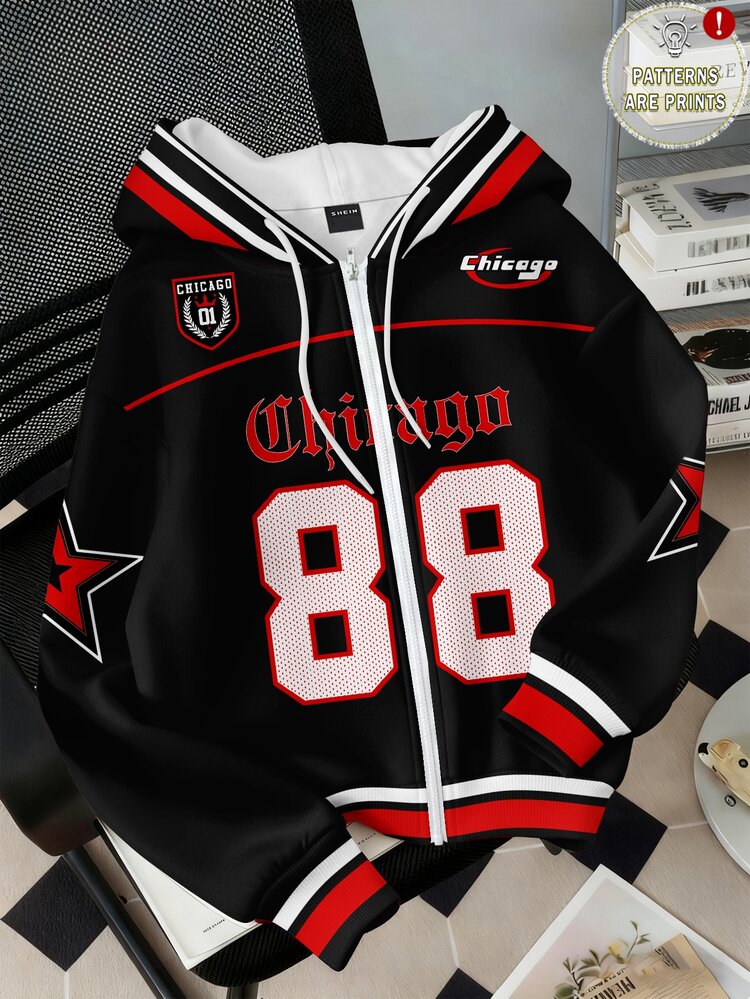 Divinelle Casual Loose Hooded Retro Black And Red Contrast Color English Letter Number Star Print Open Front Sweatshirt,Streetwear,School,Back-To-School,Autumn - Multicolor - View 1