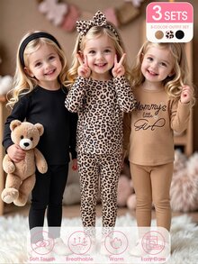 SHEIN Vintaside Kids 幼女長袖上衣+內搭褲套裝，黑色米色駱駝色豹紋羅紋字母印花側開衩圓領，生日派對家庭穿搭秋季假期款 - 彩色 - 查看 3