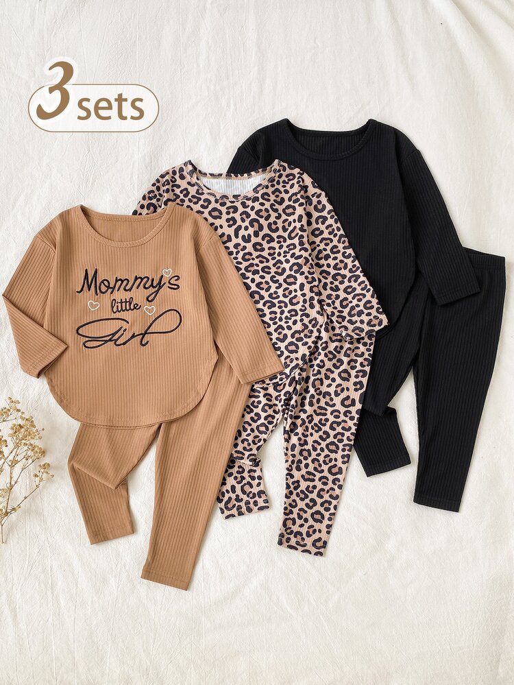 SHEIN Vintaside Kids Toddler Girl Long Sleeve Top + Leggings Black Beige Camel Leopard Ribbed Letter Print Side Slit Round Neck Birthday Party Family Matching Fall Holiday - Multicolor - View 5