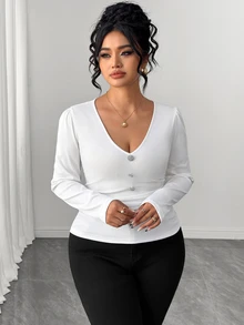 Linhara CURVE Plus Size Women's Casual Stretch Ribbed Fabric Floral Button Decor V-Neck Top Fall - White - View 5