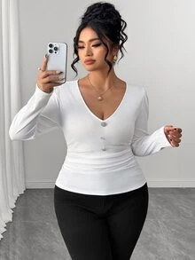 Linhara CURVE Plus Size Women's Casual Stretch Ribbed Fabric Floral Button Decor V-Neck Top Fall - White - View 3