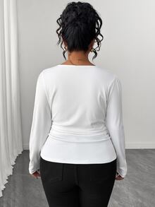Linhara CURVE Plus Size Women's Casual Stretch Ribbed Fabric Floral Button Decor V-Neck Top Fall - White - View 2