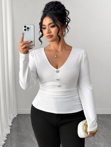 Linhara CURVE Plus Size Women's Casual Stretch Ribbed Fabric Floral Button Decor V-Neck Top Fall - White - View 8