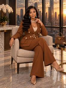 SHEIN Lady Women's Solid Color Lapel Neck Double-Breasted Jacket And Pants Suit Set - Brown - View 6