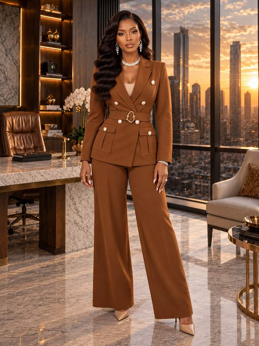 SHEIN Lady Women's Solid Color Lapel Neck Double-Breasted Jacket And Pants Suit Set - Brown - View 1