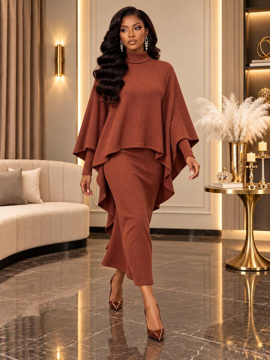 SHEIN Lady Setelan Elegan 2 Potong untuk Wanita: Kaos dan Gaun Kerah Tinggi Warna Polos dengan Potongan Hem Tinggi-Rendah - Coral Orange - View 1