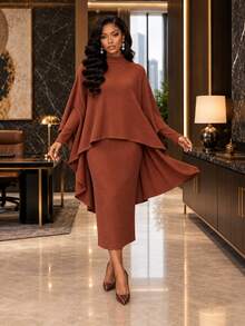 SHEIN Lady Setelan Elegan 2 Potong untuk Wanita: Kaos dan Gaun Kerah Tinggi Warna Polos dengan Potongan Hem Tinggi-Rendah - Coral Orange - View 3