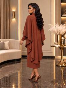 SHEIN Lady Setelan Elegan 2 Potong untuk Wanita: Kaos dan Gaun Kerah Tinggi Warna Polos dengan Potongan Hem Tinggi-Rendah - Coral Orange - View 2