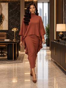 SHEIN Lady Setelan Elegan 2 Potong untuk Wanita: Kaos dan Gaun Kerah Tinggi Warna Polos dengan Potongan Hem Tinggi-Rendah - Coral Orange - View 5
