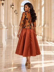 Fleurora Set 2 Potongan Elegan Wanita: Cardigan dan Gaun Camisole Lengan 3/4 Jacquard dengan Bukaan Depan - Berwarna merah muda - View 7