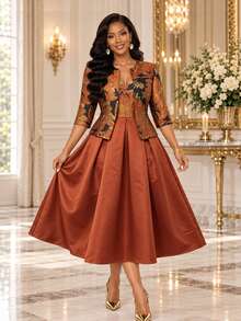 Fleurora Set 2 Potongan Elegan Wanita: Cardigan dan Gaun Camisole Lengan 3/4 Jacquard dengan Bukaan Depan - Berwarna merah muda - View 2