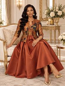 Fleurora Set 2 Potongan Elegan Wanita: Cardigan dan Gaun Camisole Lengan 3/4 Jacquard dengan Bukaan Depan - Berwarna merah muda - View 1