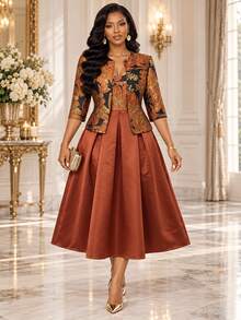 Fleurora Set 2 Potongan Elegan Wanita: Cardigan dan Gaun Camisole Lengan 3/4 Jacquard dengan Bukaan Depan - Berwarna merah muda - View 6