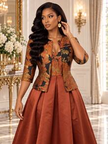 Fleurora Set 2 Potongan Elegan Wanita: Cardigan dan Gaun Camisole Lengan 3/4 Jacquard dengan Bukaan Depan - Berwarna merah muda - View 4