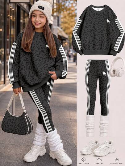 Vintage Fashion Charcoal Black Leopard Print Contrast Color Sporty Striped Women's Casual Crew Neck Long Sleeve Sweatshirt & Long Pants 2-Piece Set, New Style Suitable For Autumn/Winter Daily, Outings, Campus, Sports, Back To School, Relaxed Chic, American Street Style Girl, Sweet Cool Relaxed Fashion