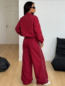 Coolane 女款落肩長袖前拉鍊夾克與寬腿褲運動服套裝 - 酒紅色 - 查看 5