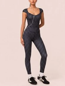 SHEIN BAE Polka Dot Print Backless Fitted Sports Jumpsuit - Black - View 3