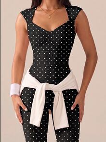 SHEIN BAE Polka Dot Print Backless Fitted Sports Jumpsuit - Black - View 2