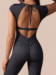 SHEIN BAE Polka Dot Print Backless Fitted Sports Jumpsuit - Black - View 1