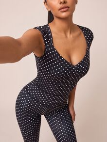 SHEIN BAE Polka Dot Print Backless Fitted Sports Jumpsuit - Black - View 4