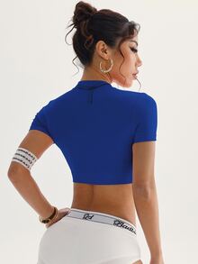 Eassivo Eassivo 女士纯色瑜伽半拉链短款运动T恤健身上衣女士健身服女士服装运动健身衬衫女士修身衬衫健身房衬衫 - 藏蓝色 - 查看 2