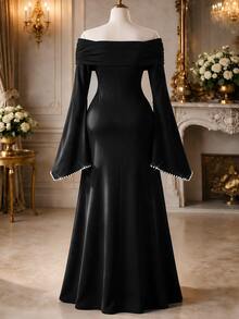 Rometta Elegant Party Holiday Off-Shoulder Cinched Waist Pearl Bell Sleeve Plus Size Women's Dress Fall - Black - View 2