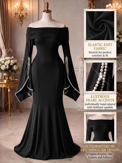 Nubod Elegant Party Holiday Off-Shoulder Cinched Waist Pearl Bell Sleeve Plus Size Women's Dress