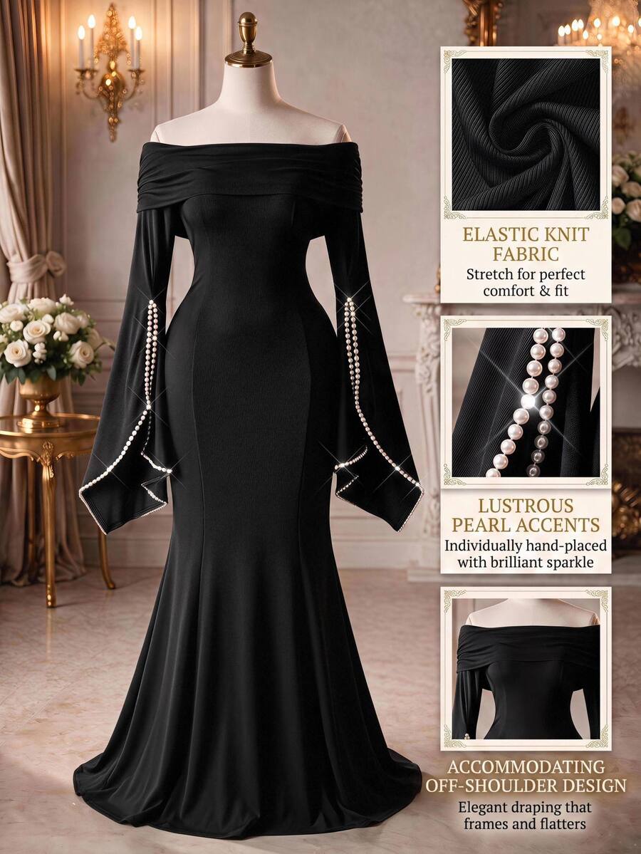 Rometta Elegant Party Holiday Off-Shoulder Cinched Waist Pearl Bell Sleeve Plus Size Women's Dress Fall - Black - View 1