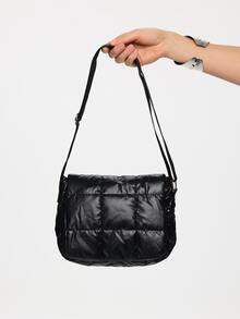 ROMWE Grunge Punk Fashionable New Cotton Padded Plaid Women's Shoulder Diagonal Crossbody Square Bag - Black - View 4
