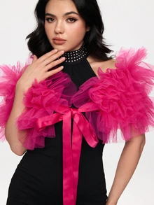 ROMWE Kawaii 1pc Black Tulle Puff Bridal Shawl, White Fluffy Short Wedding Accessory - Multicolor - View 3