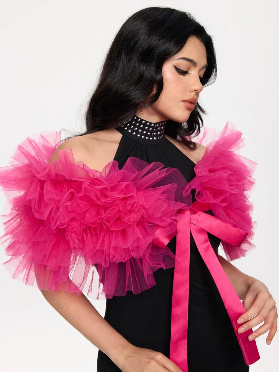 ROMWE Kawaii 1pc Black Tulle Puff Bridal Shawl, White Fluffy Short Wedding Accessory