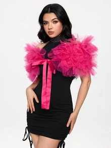 ROMWE Kawaii 1pc Black Tulle Puff Bridal Shawl, White Fluffy Short Wedding Accessory - Multicolor - View 4