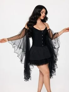 ROMWE Goth 1 Pair Black Ruffle Sleeve Cuffs, Flowing Retro Design To Cover Arms, Suitable For Bridal Gown, Formal Occasions, Parties - Black - View 5