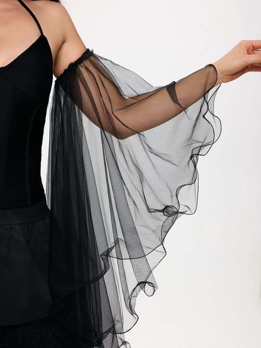 ROMWE Goth 1 Pair Black Ruffle Sleeve Cuffs, Flowing Retro Design To Cover Arms, Suitable For Bridal Gown, Formal Occasions, Parties