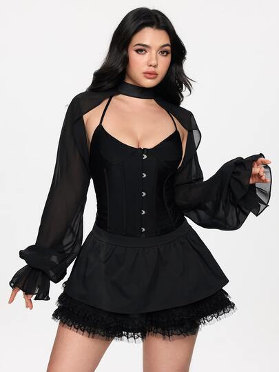 ROMWE Goth European & American Style Bridal Long Sleeve Shoulder Decor Chiffon Shawl, Versatile Accessory For Wedding Dress