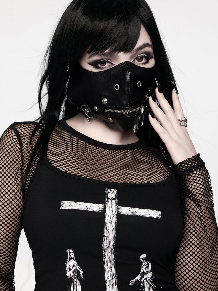 ROMWE Grunge Punk 1 件万圣节派对朋克复古拉链皮革面罩男女通用时尚配饰装饰面罩，适合送礼 - 黑色 - 查看 9
