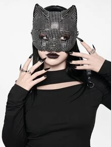 ROMWE Grunge Punk 1 件女士水晶镶嵌化妆舞会面具、角色扮演道具、派对和舞会性感配饰，适合返校 - 黑與白 - 查看 4