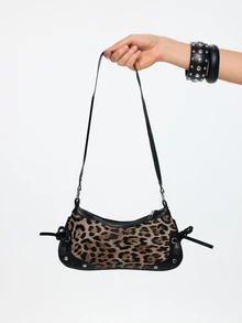 ROMWE Grunge Punk 1pc Vintage Bow Decor Shoulder Underarm Baguette Bag, Suitable For Dates, Outings, Parties, Leopard Print, New Autumn/Winter Tiger Print Handbag For Women - Black - View 5