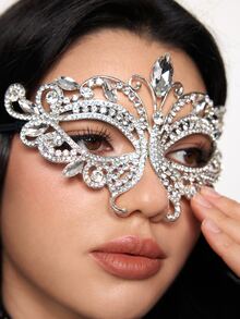 ROMWE Goth 1pc Glass Rhinestone Butterfly Masquerade Mask, Unique Face Decor For Halloween,Party Costume - Silver - View 3
