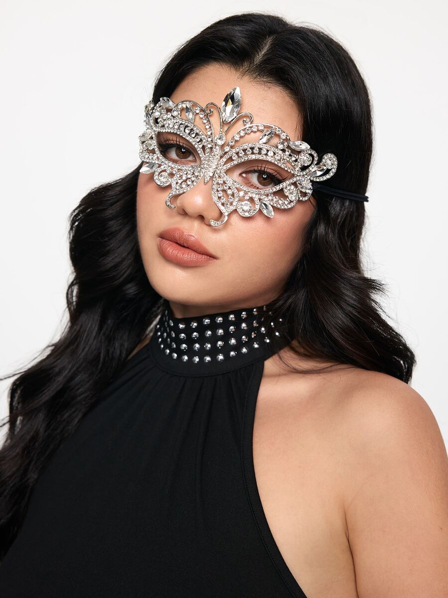 ROMWE Goth 1pc Glass Rhinestone Butterfly Masquerade Mask, Unique Face Decor For Halloween,Party Costume