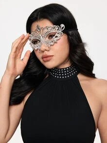 ROMWE Goth 1pc Glass Rhinestone Butterfly Masquerade Mask, Unique Face Decor For Halloween,Party Costume - Silver - View 4
