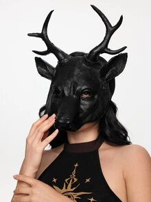 ROMWE Grunge Punk 1 件动物鹿面具，PU 泡沫，黑色/金色/银色/白色，万圣节鹿面具，狂欢节派对服装道具驯鹿 - 黑色 - 查看 8